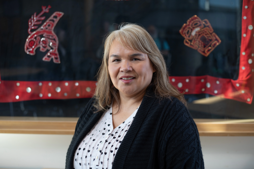 Priscilla Michell, First Nations Council Chair (Button Blanket)