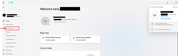 Sign in to Microsoft 365 and navigate to https://myaccount.microsoft.com, then click on “Security info.”