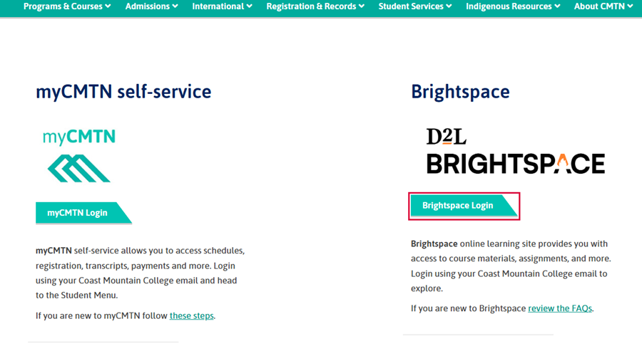 Instructional - screen capture of Brightspace Login button placement
